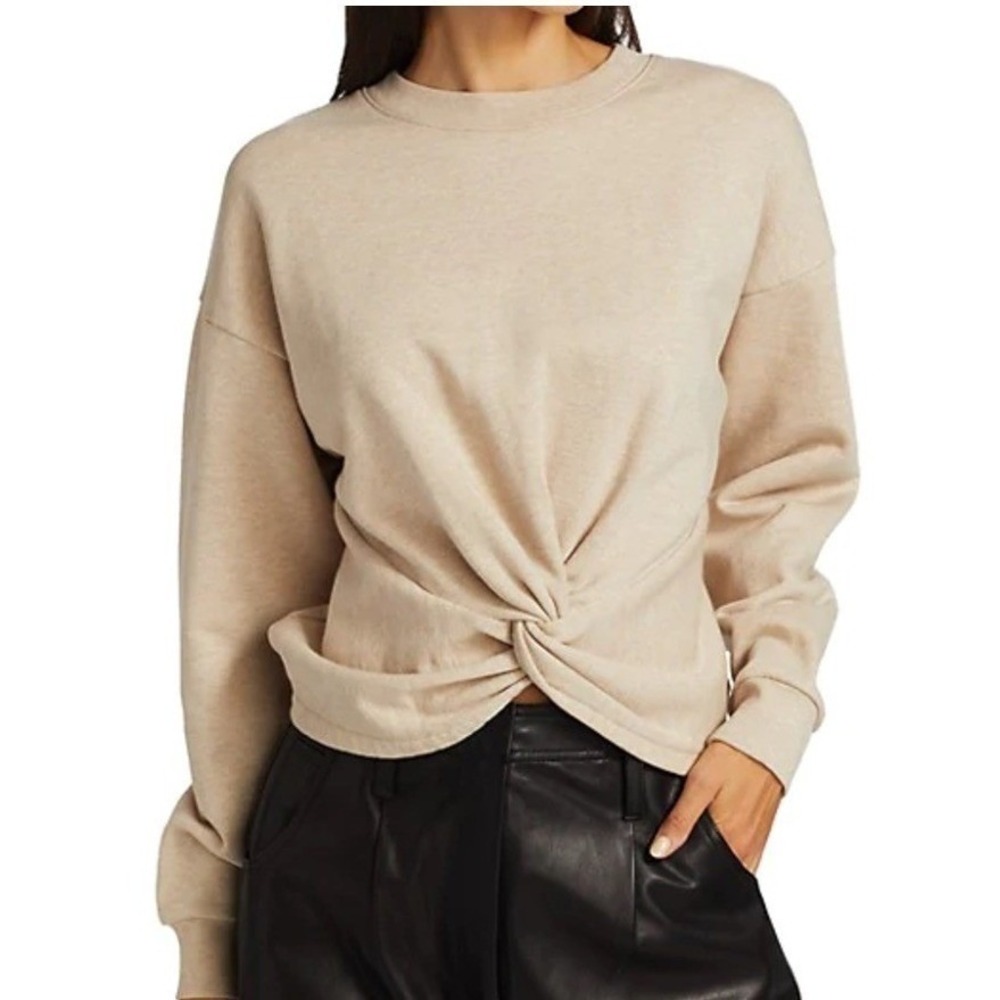 FRAME Women's Twist Front Sweatshirt Beige Medium Crewneck Crop Knit Pullover